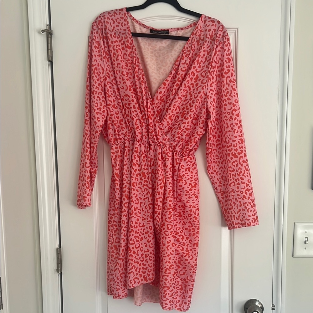 Boohoo Plus Pink Sundress with Long Sleeves and Plunge Neckline